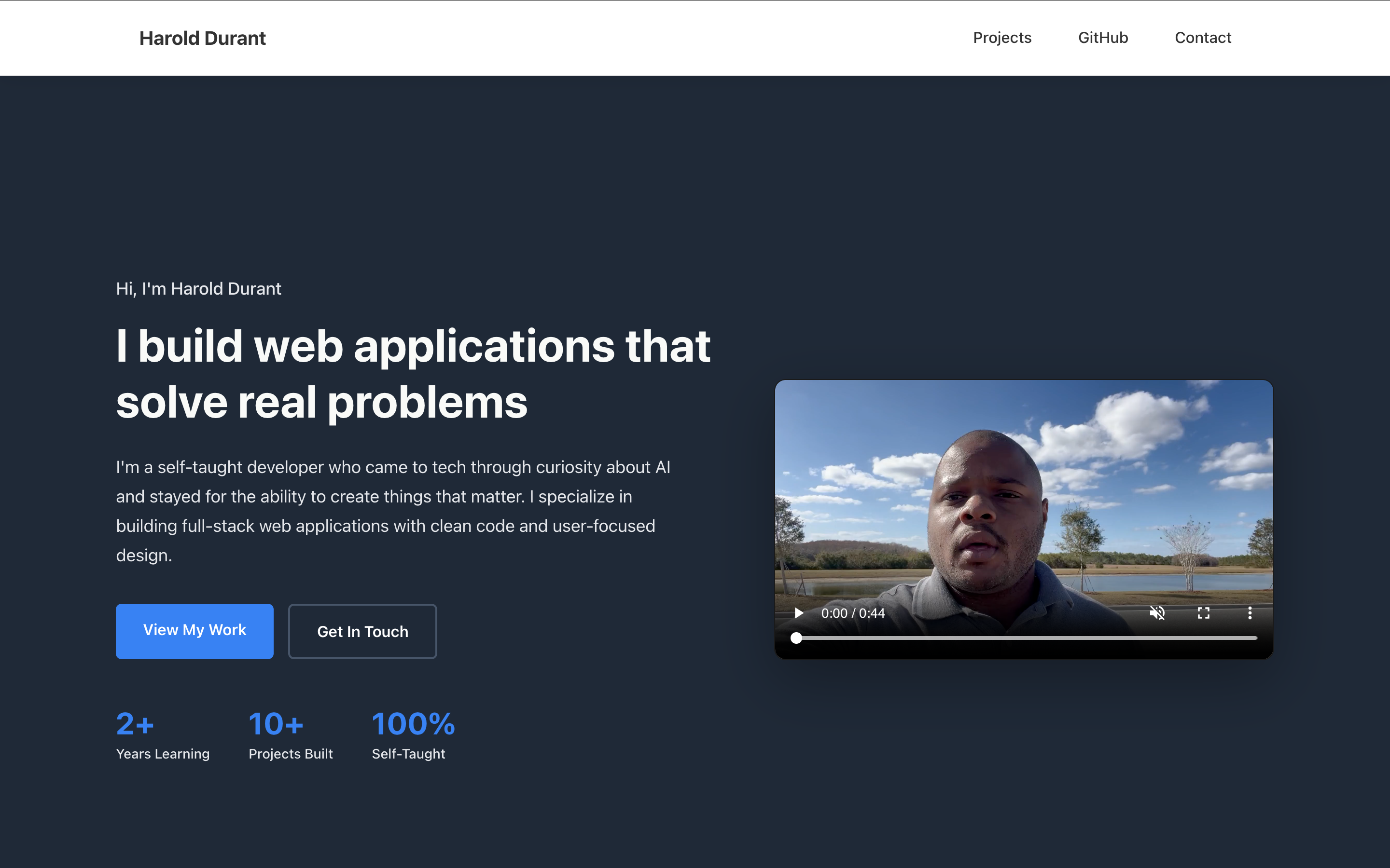 Screenshot of Harold Durant's portfolio website showing contact form