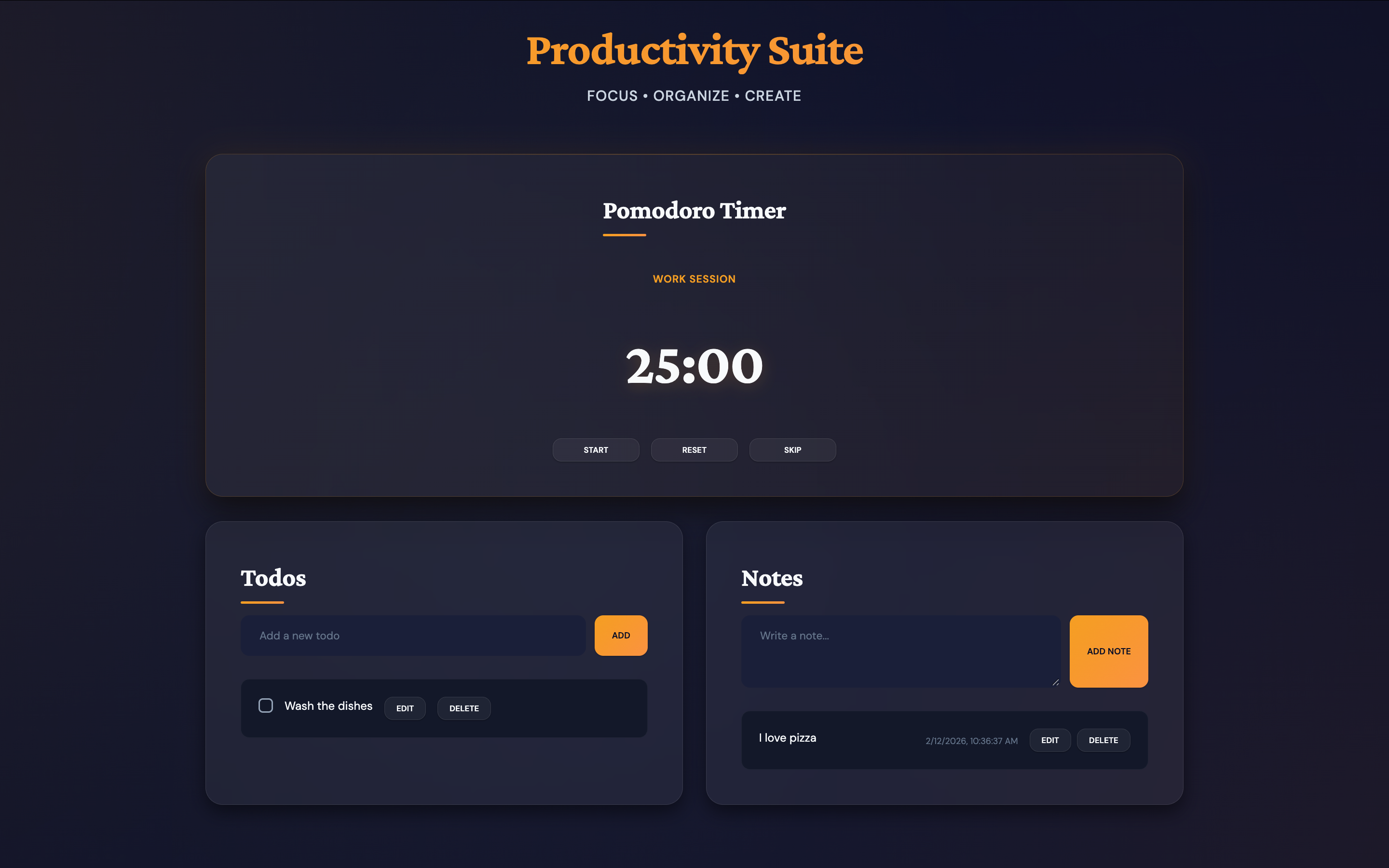 Screenshot of Productivity Suite showing Pomodoro timer, todo list, and notes